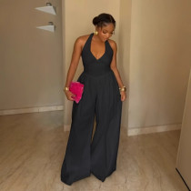 Plus Size Halterneck V Neck Backless Wide Leg Jumpsuit NY-11075