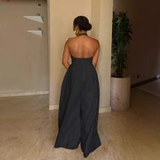 Plus Size Halterneck V Neck Backless Wide Leg Jumpsuit NY-11075