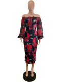 Print One Shoulder Long Sleeve Midi Dress QODY-6062