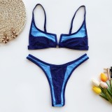 Color Block V Neck Bikinis Two Piece Swimsuit CASF-6073