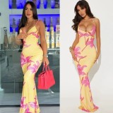 Print V Neck Backless Sexy Maxi Dress XCFF-947