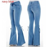Plus Size Solid Color High Waist Tie Up Flare Jeans XCFF-0040