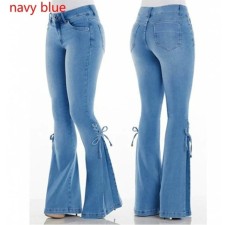Plus Size Solid Color High Waist Tie Up Flare Jeans XCFF-0040