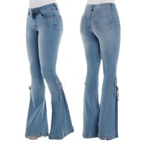 Plus Size Solid Color High Waist Tie Up Flare Jeans XCFF-0040