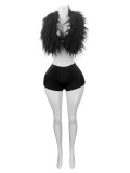 Halterneck Tie Up Feather Two Piece Short Set CH-25025
