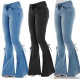 Plus Size Solid Color High Waist Tie Up Flare Jeans XCFF-0040