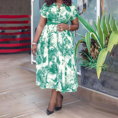 Plus Size Print Short Sleeve Midi Dress GMLF-3337