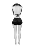 Halterneck Tie Up Feather Two Piece Short Set CH-25025