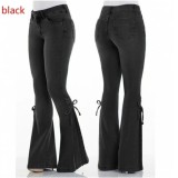 Plus Size Solid Color High Waist Tie Up Flare Jeans XCFF-0040