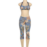 Sexy Hanging Neck Strap Backless Floral Print Top Pants Suit DLSF-K24S62191
