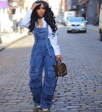 Fashion Loose Multi-Pocket Denim Halter Jumpsuit GQLF-30056