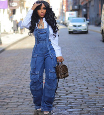 Fashion Loose Multi-Pocket Denim Halter Jumpsuit GQLF-30056