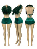 Halterneck Tie Up Feather Two Piece Short Set CH-25025