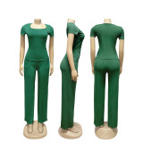 Solid Color Square Neck Top And Wide Leg Pants Suit SFY-730