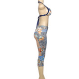 Sexy Hanging Neck Strap Backless Floral Print Top Pants Suit DLSF-K24S62191