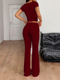 Solid Color Short Sleeve Sport Micro Flare Pant Suit GZYU-K2529014