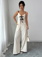 Solid Color Tie Up Vest Wide Leg Pants Suit GZEY-K2529205