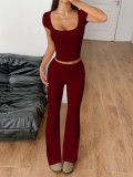 Solid Color Short Sleeve Sport Micro Flare Pant Suit GZYU-K2529014