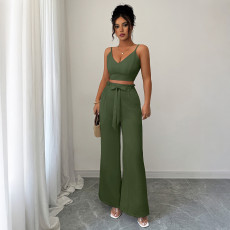 Solid Color Sling Vest Wide Leg Pants 2 Piece Set GZEY-ZK2419088