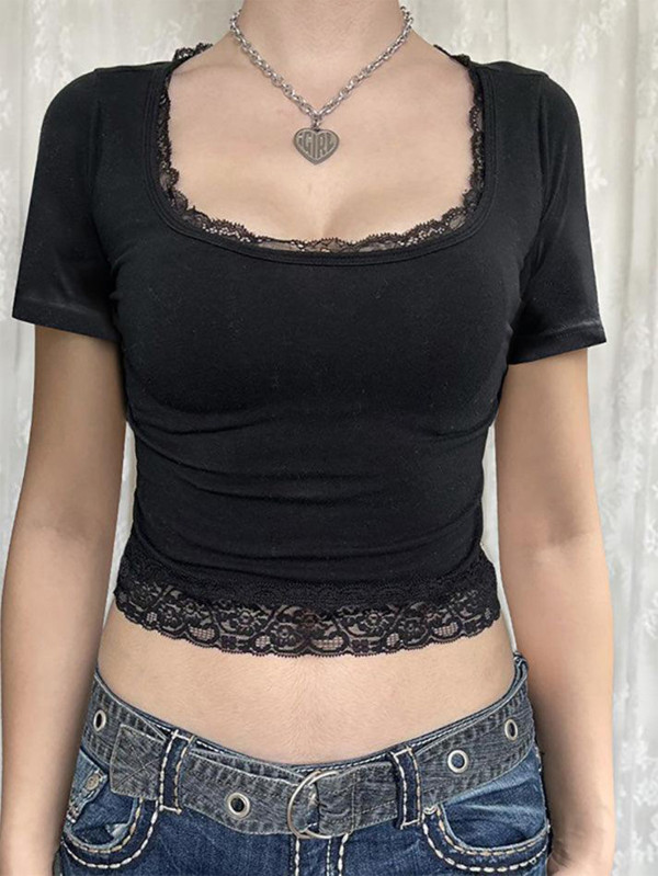 Lace U Neck Solid Color T Shirts GZYU-K2512022