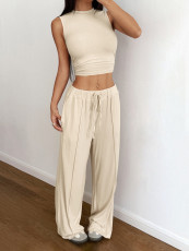 Solid Color Sleeveless T Shirt Two Piece Pants Set GZYU-D2419029