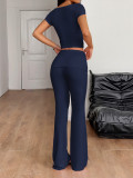 Solid Color Short Sleeve Sport Micro Flare Pant Suit GZYU-K2529014