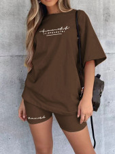 Letter Print Short Sleeve Two Piece Shorts Set GZYU-D2419007
