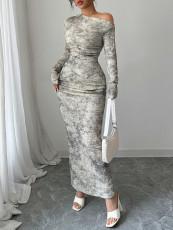 Print Slash Shoulder Long Sleeve Maxi Dress GZEY-ZK2419113