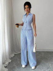 Stripe Sleeveless Lapel Two Piece Pants Set GZEY-K2529227