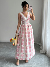 Fashion Print V Neck Maxi Dress GZEY-K2523366