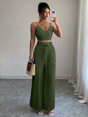 Solid Color Sling Vest Wide Leg Pants 2 Piece Set GZEY-ZK2419088