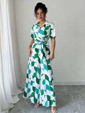 Short Sleeve Lapel Print Wide Leg Jumspuit GZEY-ZK2426004