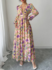 Long Sleeve Print V Neck Maxi Dress GZEY-D2343153