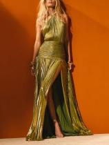 Metallic Color Pressed Pleat Split Lace-Up Maxi Dress  GSNU-8155