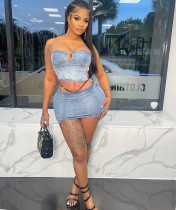 Sexy Denim Wrap Chest Two Piece Skirts Set GAKF-50301
