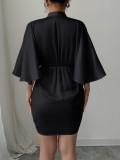 Deep V Neck Corseted Wide Sleeve Midi Dress GZEY-D2343183