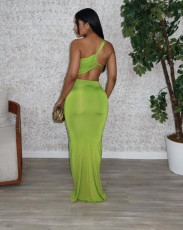 Solid Color Single Shoulder Pleated Maxi Dress GTYZ-7563