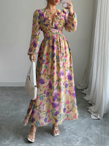 Long Sleeve Print V Neck Maxi Dress GZEY-D2343153