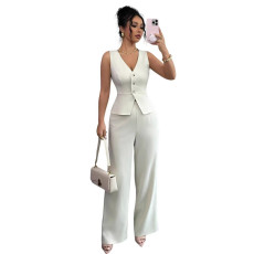 Solid Color V Neck Vest Loose Pants Suit LSD-2487