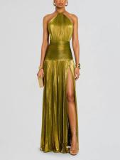 Metallic Color Pressed Pleat Split Lace-Up Maxi Dress  GSNU-8155