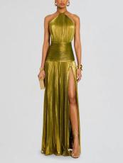 Metallic Color Pressed Pleat Split Lace-Up Maxi Dress  GSNU-8155