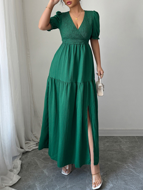 Solid Color V Neck Split Maxi Dress GZEY-D2343180