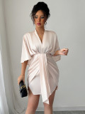 Deep V Neck Corseted Wide Sleeve Midi Dress GZEY-D2343183