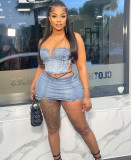 Sexy Denim Wrap Chest Two Piece Skirts Set GAKF-50301