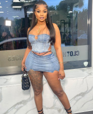 Sexy Denim Wrap Chest Two Piece Skirts Set GAKF-50301