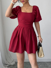 Short Sleeve Solid Color Pleated Romper GZEY-D2316023