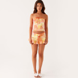 Bow Printed Tube Top Lace-Up Skirt Set XEF-K25S71450