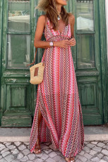 Bohemian Print V-Neck Split Maxi Dress GSNU-8018