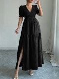 Solid Color V Neck Split Maxi Dress GZEY-D2343180