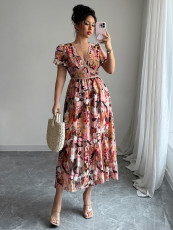 Short Sleeve Print Lace Lace Midi Dress GZEY-D2343140